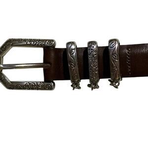 BRIGHTON floral brown LEATHER dangle charms belt SIZE 34 L western boho